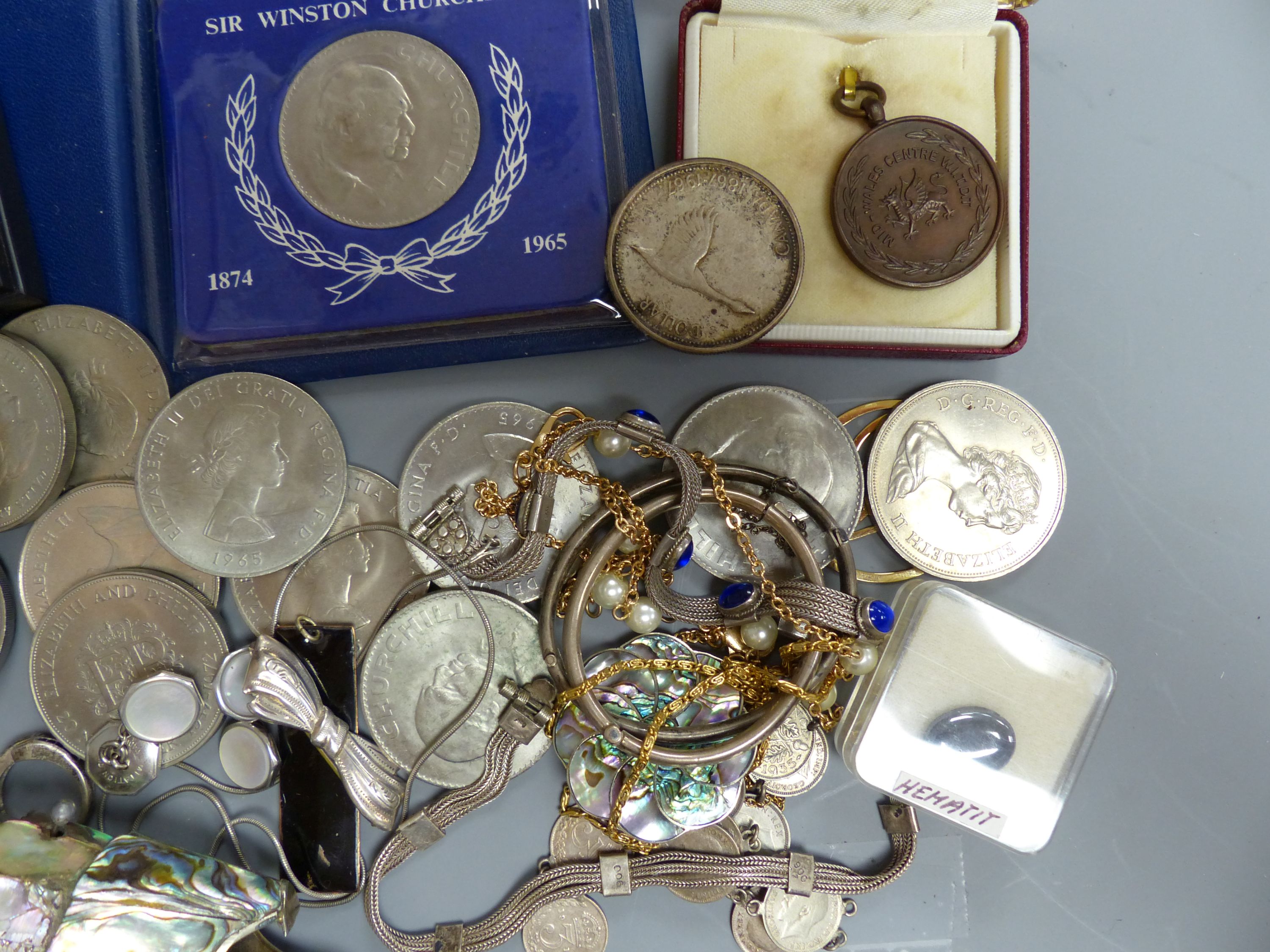 A quantity of mixed costume jewellery, an articulated fish, coins etc